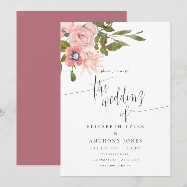 Convite Casamento com Aquarela Floral Rosa e Dourado (Frente/Verso)