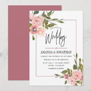 Convite Casamento com Aquarela Floral Rosa e Dourado