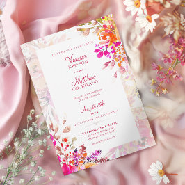 Convite Casamento com Aquarela Floral Rosa e Laranja Elega