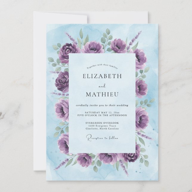 Convite Casamento com Aquarela Floral Roxa (Frente)