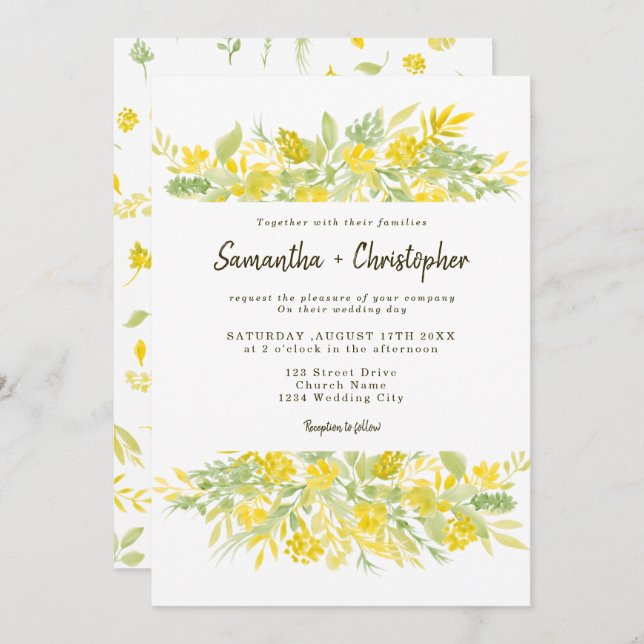 Convite Casamento com aquarela floral verde-amarelo casual (Frente/Verso)