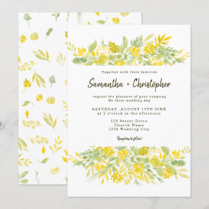 Convite Casamento com aquarela floral verde-amarelo casual