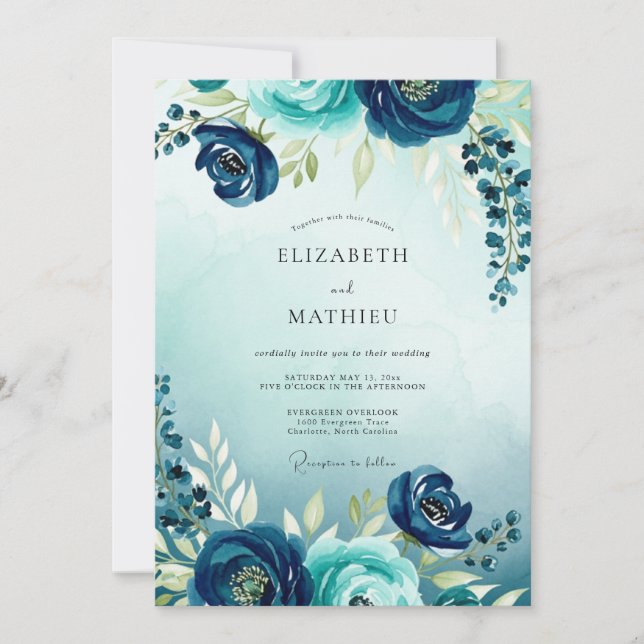Convite Casamento com Aquarela Florescente Turquesa (Frente)