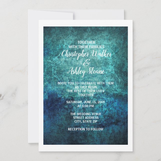 Convite Casamento com Aquarela Grunge em Azul Turquesa e A (Frente)