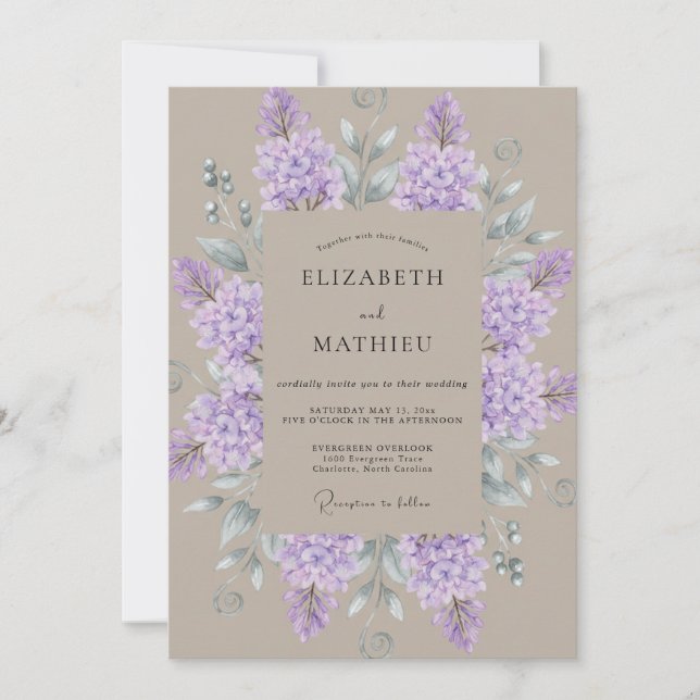 Convite Casamento com Aquarela Lilás-Toupeira (Frente)