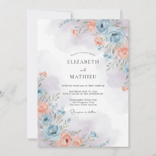 Convite Casamento com Aquarela Lírica em Azul Empoeirado