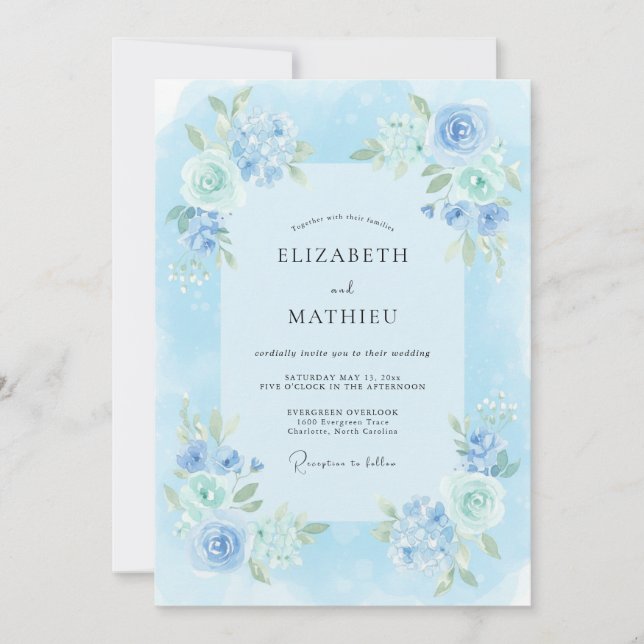 Convite Casamento com Aquarela Luminosa Azul Céu (Frente)