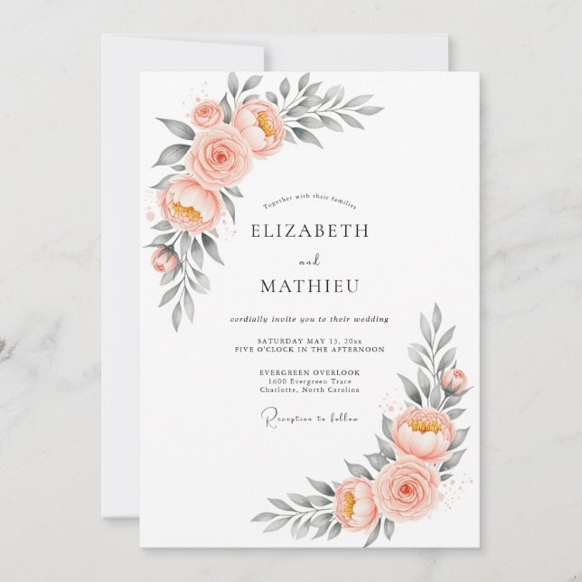 Convite Casamento com Aquarela Luminosa de Pêssego (Frente)