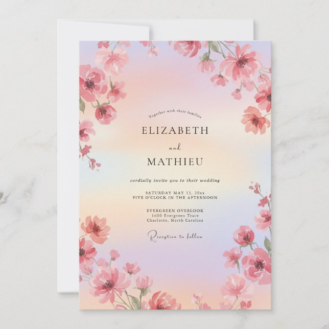 Convite Casamento com Aquarela Luminosa Rosa (Frente)