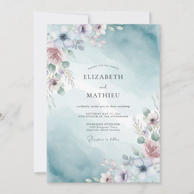 Convite Casamento com Aquarela Luminosa Turquesa (Frente)