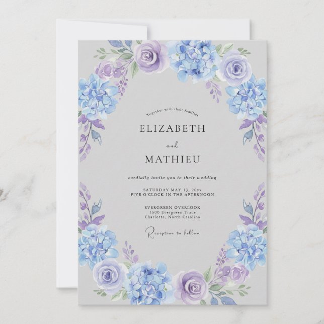 Convite Casamento com Aquarela Luxuriante de Periwinkle (Frente)