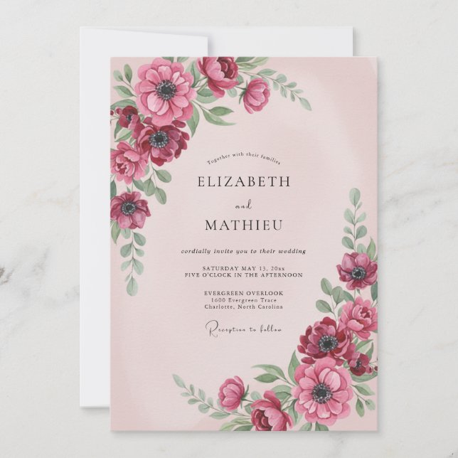 Convite Casamento com Aquarela Luxuriante em Borgonha (Frente)