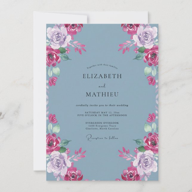 Convite Casamento com Aquarela Magenta Ardósia (Frente)