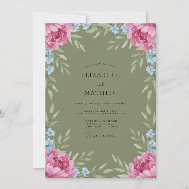 Convite Casamento com Aquarela Oliva Rosa (Frente)