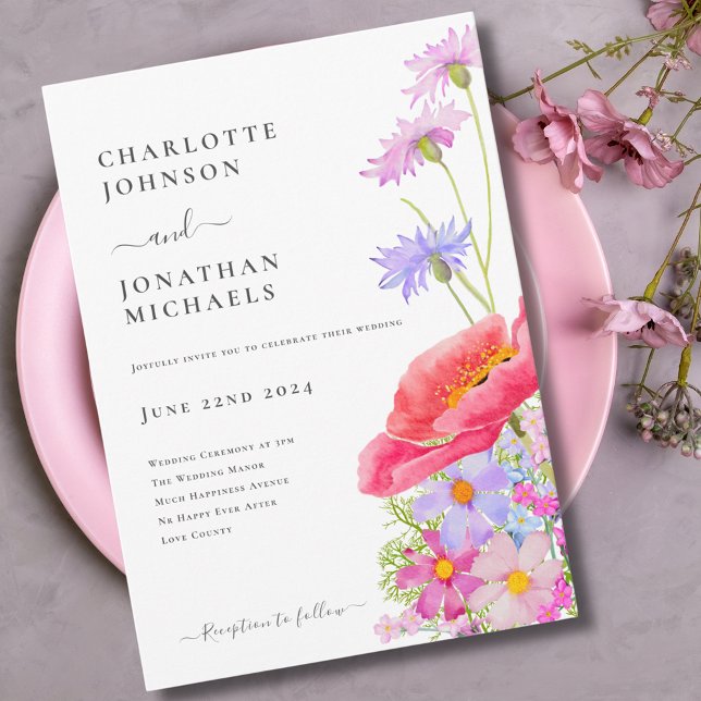 Convite Casamento com Aquarela Pastel de Flores Silvestres (Modern wildflower pastel watercolor pink purple wedding invitation )