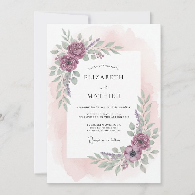 Convite Casamento com Aquarela Plúmbea Graciosa (Frente)