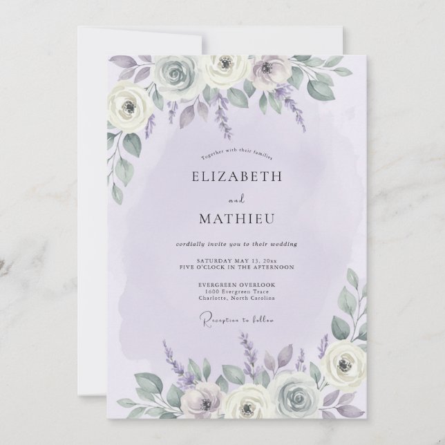 Convite Casamento com Aquarela Poética de Lavanda (Frente)