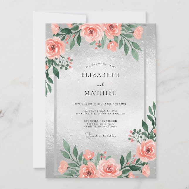 Convite Casamento com Aquarela Prata Coral (Frente)
