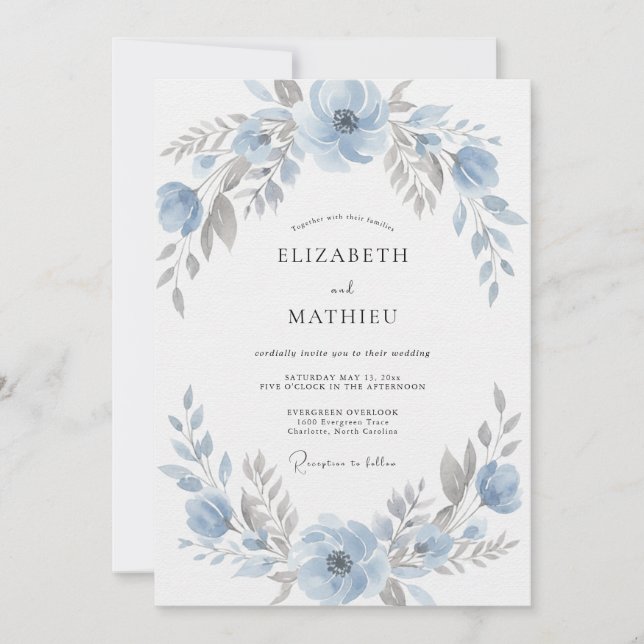 Convite Casamento com Aquarela Prata e Centáurea (Frente)