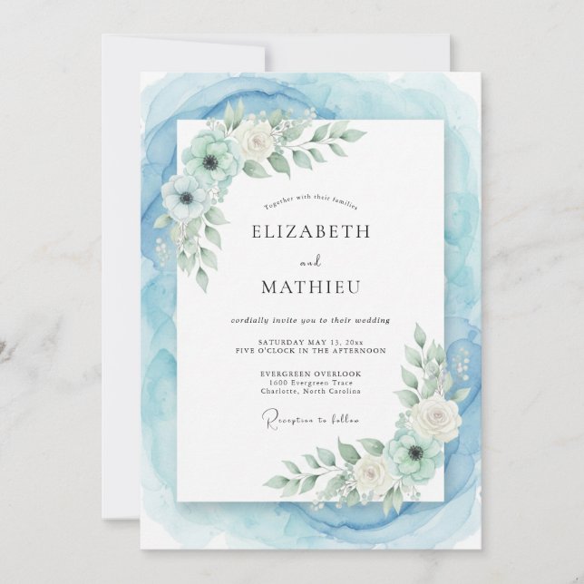 Convite Casamento com Aquarela Radiante Azul Desbotado (Frente)