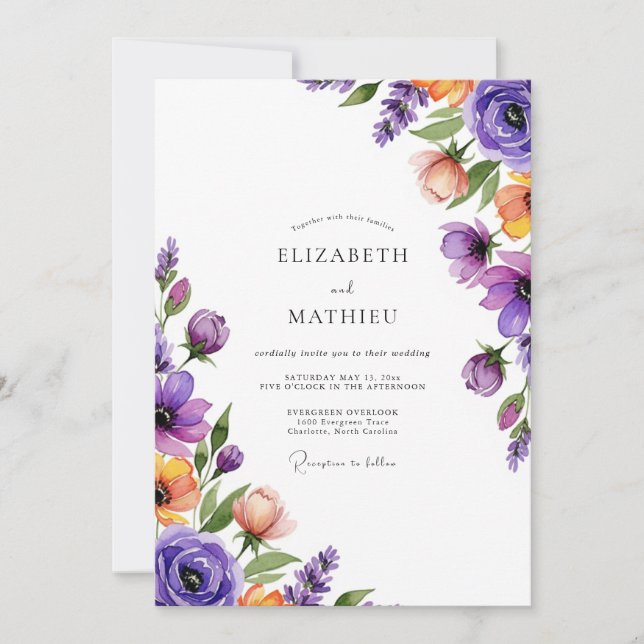 Convite Casamento com Aquarela Radiante de Lavanda (Frente)