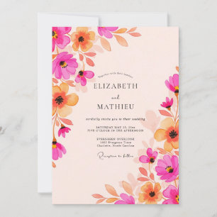 Convite Casamento com Aquarela Radiante em Tons de Fúcsia