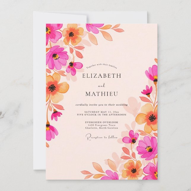 Convite Casamento com Aquarela Radiante em Tons de Fúcsia  (Frente)