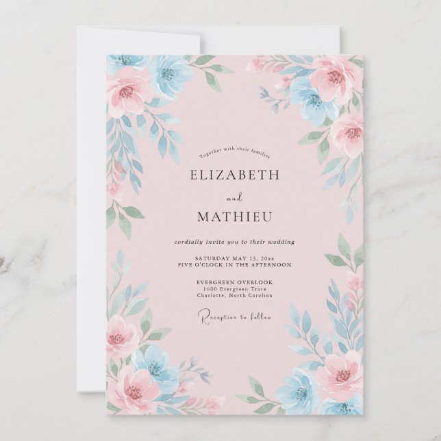 Convite Casamento com Aquarela Radiante Rosa Cor-de-Rosa (Frente)