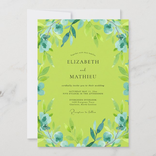 Convite Casamento com Aquarela Radiante Verde Lima (Frente)