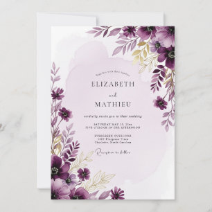 Convite Casamento com Aquarela Resplandecente de Ameixa