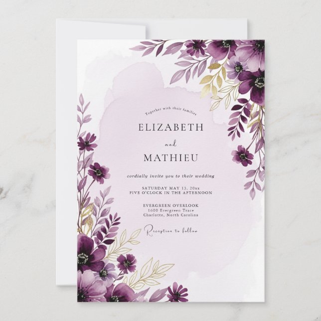 Convite Casamento com Aquarela Resplandecente de Ameixa (Frente)