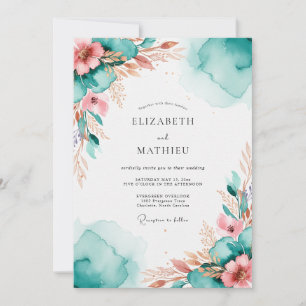 Convite Casamento com Aquarela Resplandecente em Azul Verd
