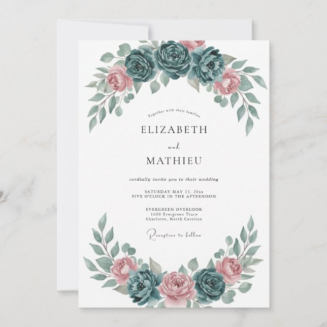 Convite Casamento com Aquarela Romântica em Azul Verde (Frente)