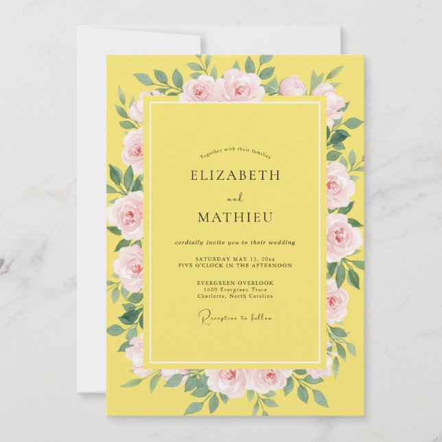 Convite Casamento com Aquarela Rosa Canário (Frente)