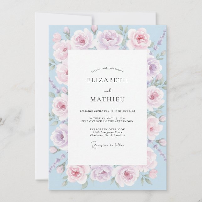 Convite Casamento com Aquarela Rosa Centáurea (Frente)