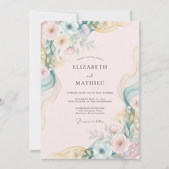 Convite Casamento com Aquarela Rosa e Verde Menta (Frente)