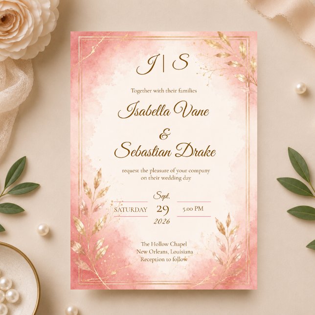 Convite Casamento com Aquarela Rosa Elegante (Criador carregado)