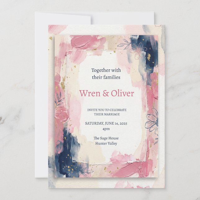 Convite Casamento com Aquarela Rosa Marinho (Frente)