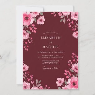 Convite Casamento com Aquarela Rosa Vinho