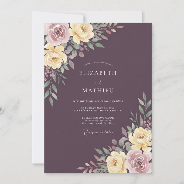 Convite Casamento com Aquarela Roxa Ameixa (Frente)