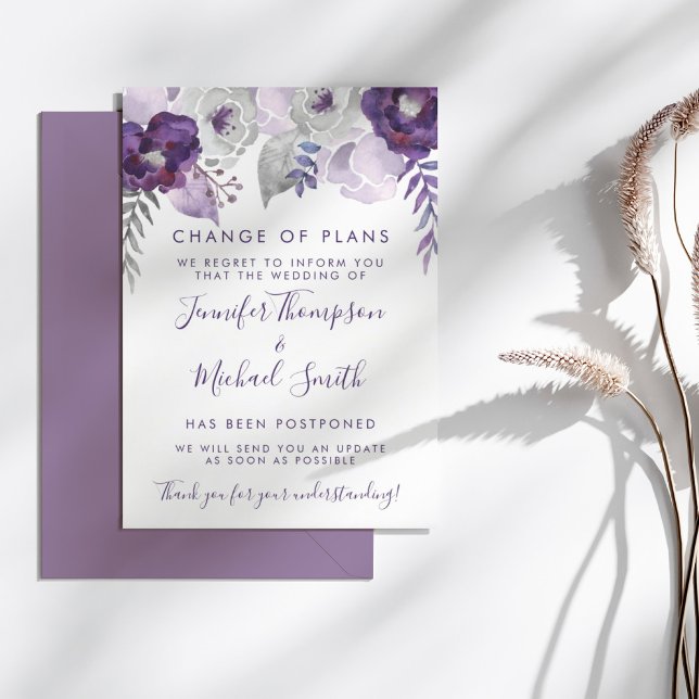 Convite Casamento com Aquarela Roxa e Prata: Mudança de Pl (Purple & Silver Watercolor Wedding Change of Plans)