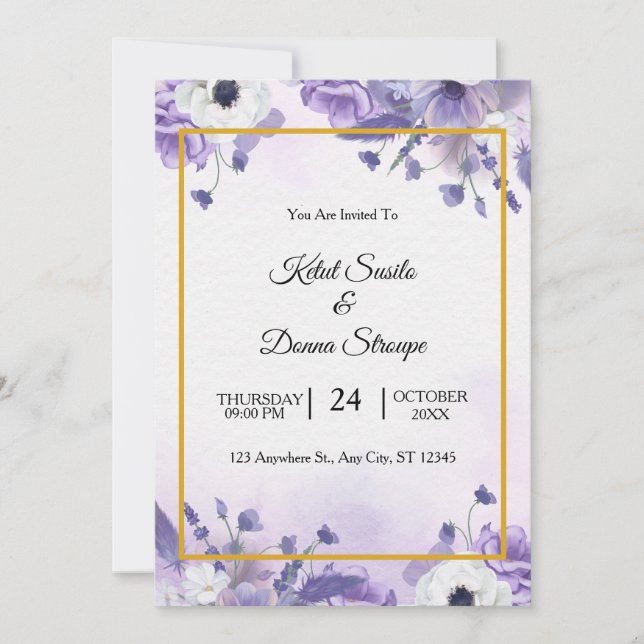 Convite Casamento com aquarela roxa elegante (Frente)