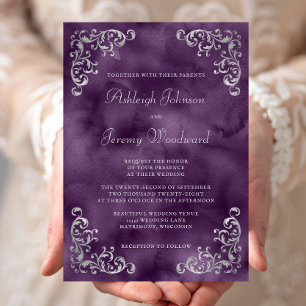 Convite Casamento com Aquarela Roxa Prata Vintage