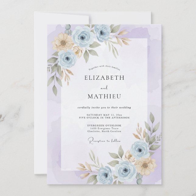 Convite Casamento com Aquarela Serena de Lavanda (Frente)