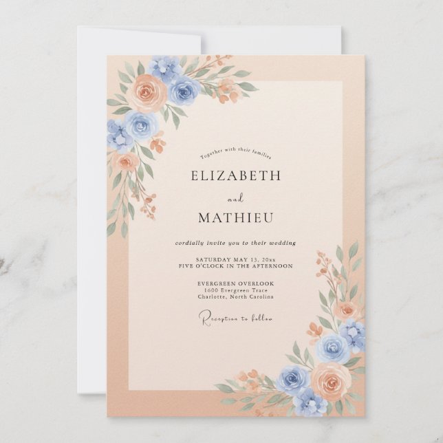 Convite Casamento com Aquarela Suave em Azul e Pêssego (Frente)