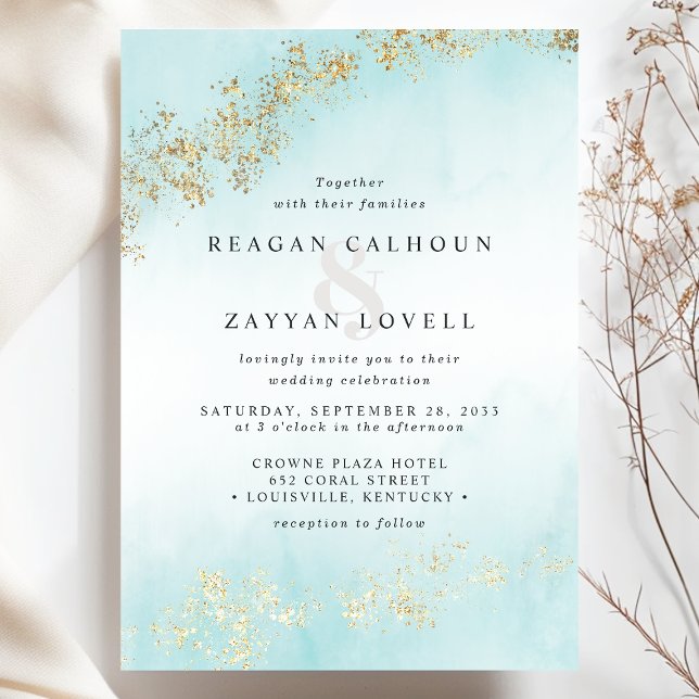 Convite Casamento com Aquarela Teal e Lixas Douradas Luxuo (Criador carregado)