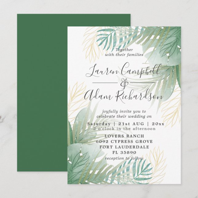 Convite Casamento com Aquarela Tropical de Verdura  (Frente/Verso)