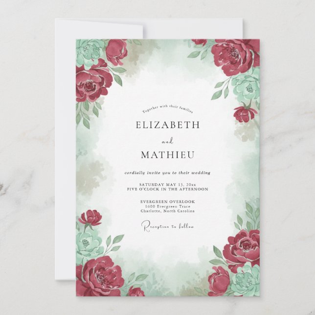 Convite Casamento com Aquarela Verdejante de Borgonha (Frente)