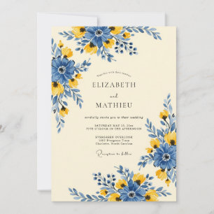 Convite Casamento com Aquarela Vibrante Amarela e Azul