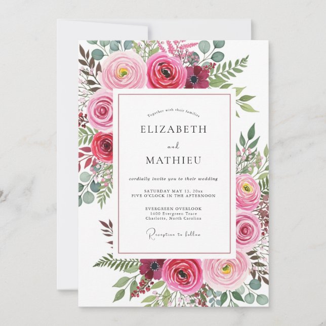 Convite Casamento com Aquarela Vibrante em Fuchsia (Frente)